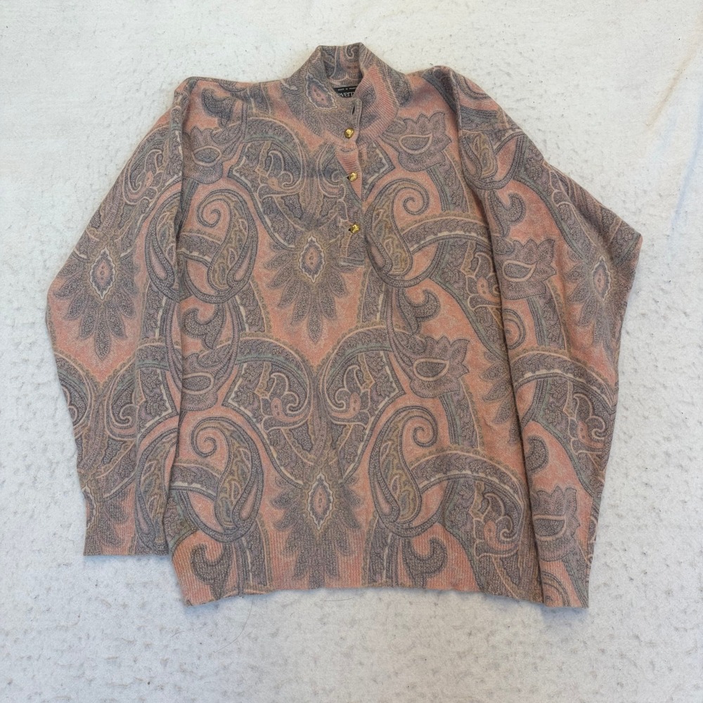 Devernois Paisley Sweater Womens M Pink Angora Wool Blend Mock Neck France